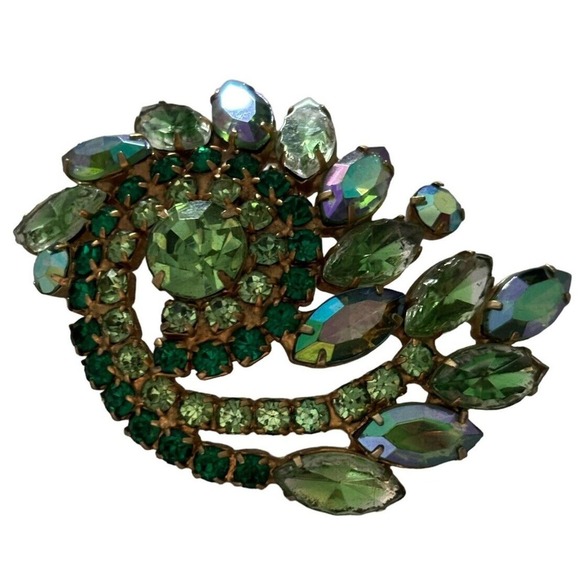 Vintage Jewelry - Vintage Multicolored Green Rhinestone Crystal Marquise Brooch Pin Mid Century
